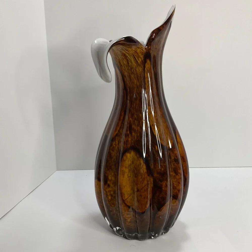 Handblown Vintage Tulip Vase‎ Tiger Eye Brown Fluted White Contrast Home Decor